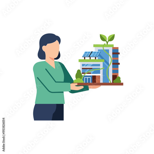 Sustainable Green Building Model: Woman Presenting Eco-Friendly Architecture with Solar Panels and Planted Facades