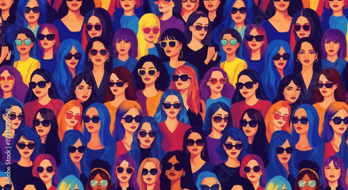 Vibrant Crowd of Diverse Women in Sunglasses, Seamless Pattern. Pop Art Illustration Representing Female Empowerment, Style, and Inclusivity.