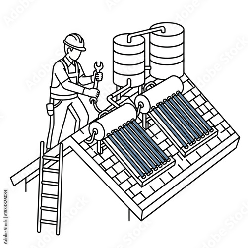 Worker Installing Solar Water Heater System on Rooftop - Renewable Energy Illustration