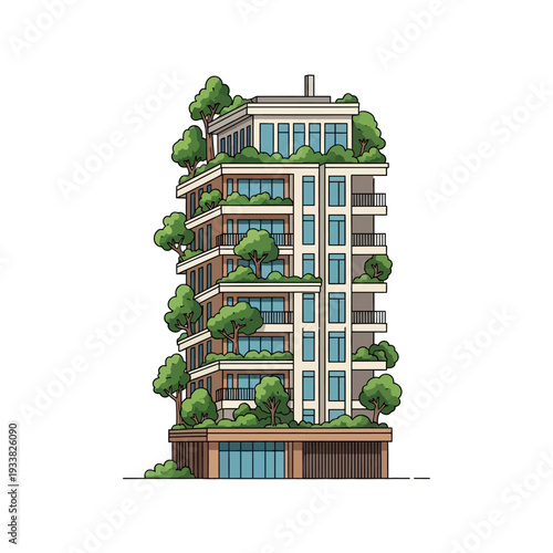 Modern Green Building with Vertical Gardens & Balconies - Sustainable Urban Architecture Illustration