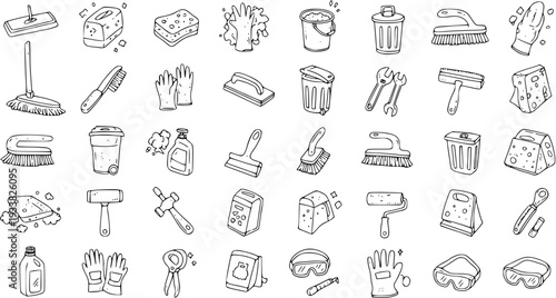 Cleaning Tools Doodle Set: Hand-Drawn Illustration of Essential Supplies for Home, Office, and Industrial Cleaning