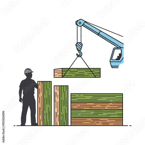 Construction Site Logistics: Crane Lifting Lumber with Worker Silhouette - Building Materials & Supply Chain Illustration