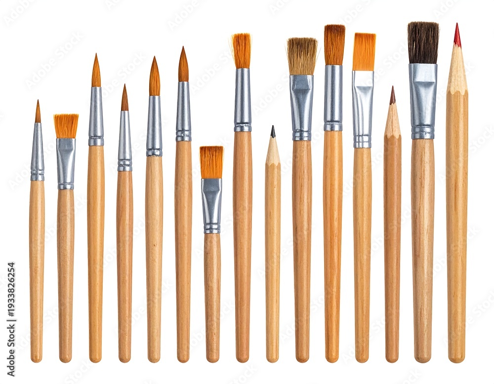 Fototapeta premium A collection of various sized art brushes and pencils isolated on a white background, arranged side by side
