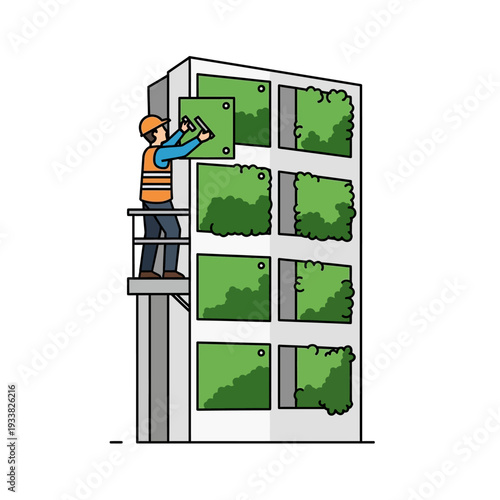 Worker Installing Green Wall Modules on Urban Building Facade for Sustainable Architecture