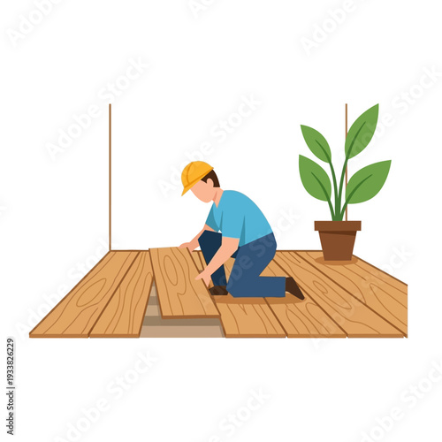 Man Installing Wooden Floorboards: Home Renovation, DIY Project & Professional Flooring