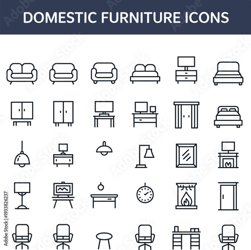 Domestic furniture line icons set vector illustration, home interior sofa bed table cabinet outline collection isolated
