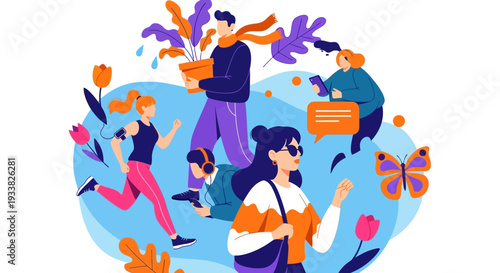 Modern Urban Life: Diverse People Engaged in Daily Activities, Well-being, and Digital Connection Vector Illustration