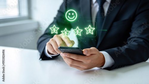 Wallpaper Mural Businessman using smartphone with glowing five star rating interface,customer satisfaction feedback and quality evaluation concept for service excellence management Torontodigital.ca