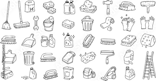 Hand Drawn Cleaning Tools  Household Supplies Icon Set. Doodle Sketch Outline Vector Collection of Equipment for Home Maintenance and Housekeeping Tasks.