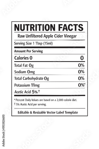 Nutrition facts label apple cider vinegar cutout isolated illustration on transparent background layout