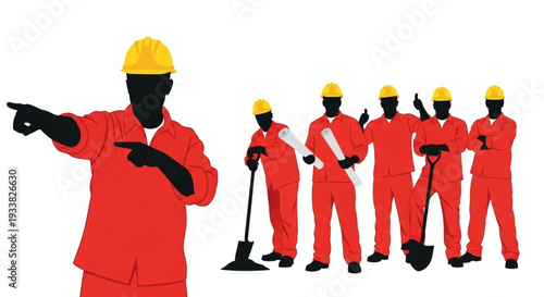 Construction Workers in Red Uniforms and Yellow Hard Hats.
