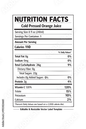 Nutrition facts label cold pressed orange juice cutout isolated illustration on transparent background layout