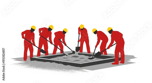Construction workers in red uniforms and yellow helmets working together on a road construction project.