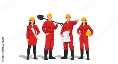 Construction workers in red uniforms and yellow helmets standing together.