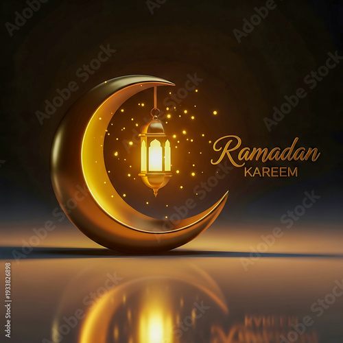 A golden crescent moon with a lantern and ramadan kareem text