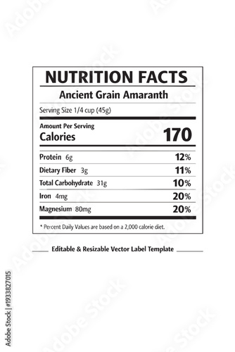 Nutrition facts label for amaranth grain cutout isolated illustration on transparent background layout