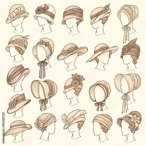 Collection of diverse vintage hats illustrated on head silhouettes, showcasing various styles and designs from different eras and cultures.