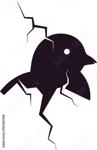 A black silhouette bird hatches from a cracked eggshell with yellow background