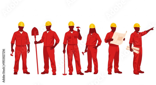 Construction Workers in Red Uniforms Holding Tools and Blueprints.