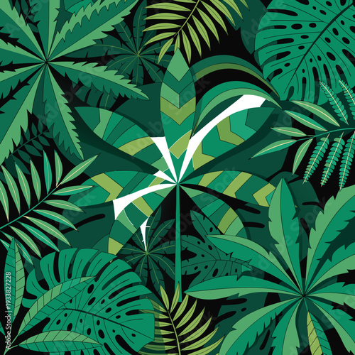 Lush tropical jungle leaves vector pattern with exotic foliage.