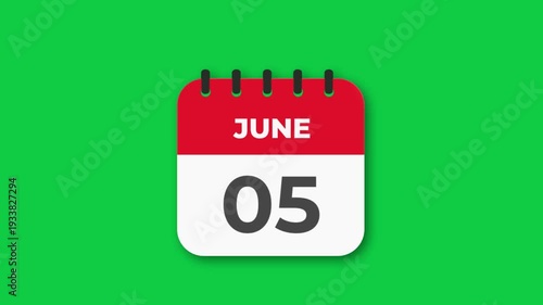5 June Calendar green screen background flipping animation