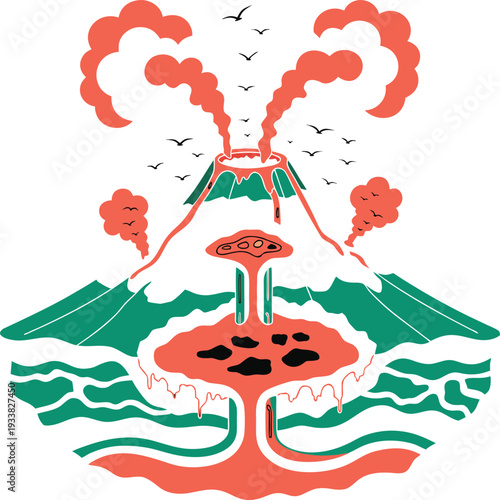 Educational diagram of a volcano showing magma chamber and eruption process.