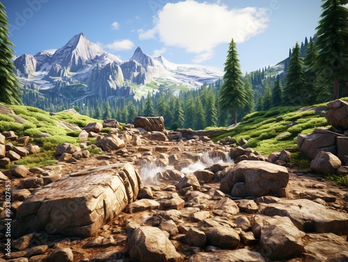 Wallpaper Mural Majestic Mountain Range with Rocky Stream in Lush Forest Torontodigital.ca