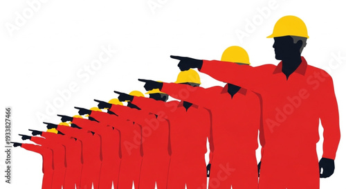 Construction Workers in Red Uniforms Pointing.