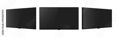 Realistic TV Screen Mockup Set Front and Side Perspective Views. Blank Television Display Vector Illustration