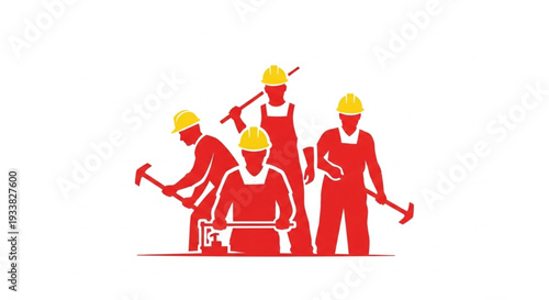 Construction workers in red uniforms with yellow helmets working together.