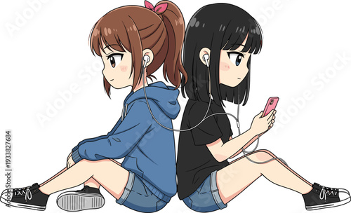 Two teenage girls sitting back to back, anime style friends using smartphone, casual youth fashion illustration, modern friendship vector