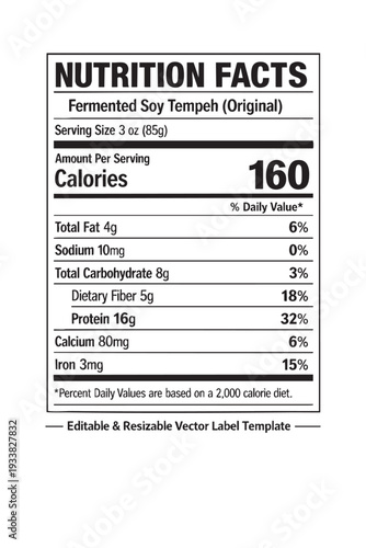 Nutrition facts label for fermented soy tempeh cutout isolated illustration on transparent background layout