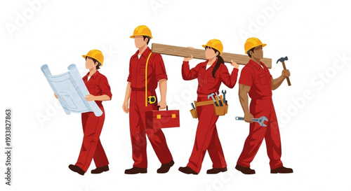 Construction workers in uniform carrying tools and materials.