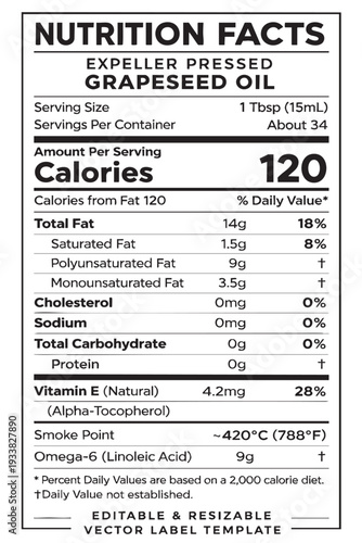 Nutrition facts label for grapeseed oil cutout isolated illustration on transparent background layout