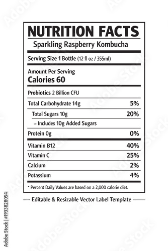 Nutrition facts label for kombucha cutout isolated illustration on transparent background layout