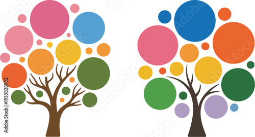 Creative decorative twin trees with multicolor circular leaves in simple flat style