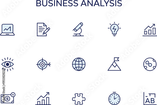 Business analysis line icon set vector illustration, financial strategy marketing data research outline isolated white background