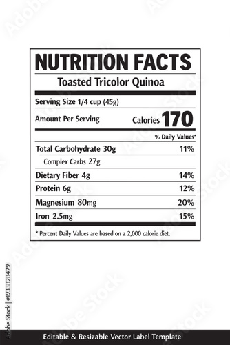 Nutrition facts label for quinoa cutout isolated illustration on transparent background layout