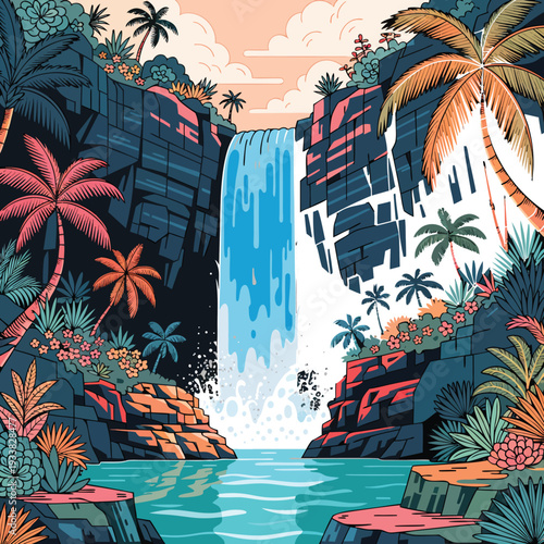 waterfall landscape vector illustration with palm trees and sunset cliffs.