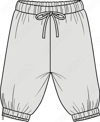 Capri pants fashion illustration, front and back view, elastic waistband, drawstring tie, cropped length, apparel sketch, garment construction technical drawing