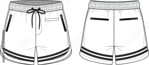 Athletic shorts technical fashion illustration, front and back view, elastic waistband, drawstring, zippered pockets, curved hem, sporty design, garment construction