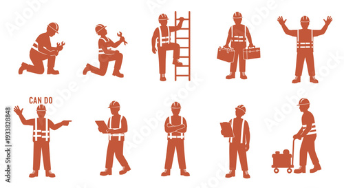 Set of 10 construction worker icons vector isolated on White Background