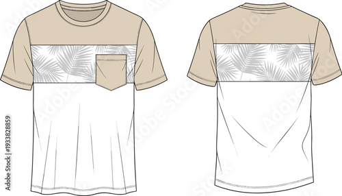 Color block t-shirt fashion illustration, front and back view, tropical palm leaf print, chest pocket, casual apparel design, garment construction drawing