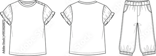 Children clothing set fashion illustration, short sleeve top, ruffled sleeves, elastic waistband pants, drawstring detail, apparel sketch, garment construction drawing