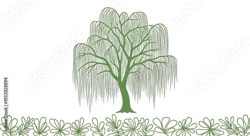 Vector illustration of weeping willow tree and flowers isolated on White Background