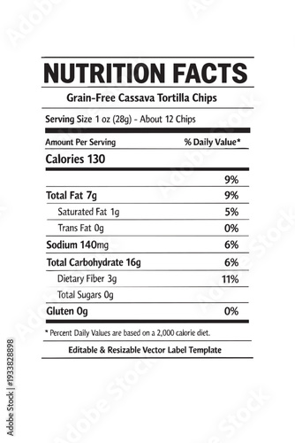 Nutrition facts label grain free cassava tortilla chips cutout isolated illustration on transparent background layout