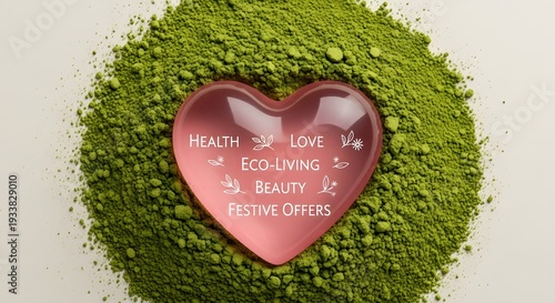 Transparent pink heart over green powder with floral ornaments