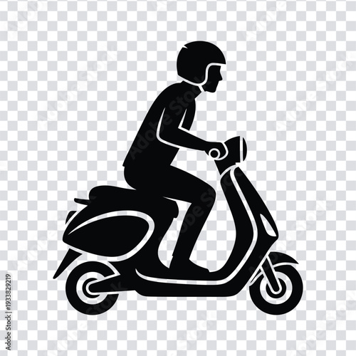 Black silhouette of a person riding a scooter on a transparent background