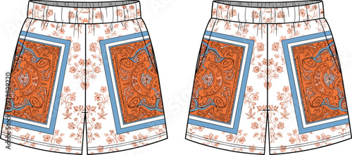 Floral patterned shorts fashion illustration, front and back view, elastic waistband, paisley panels, symmetrical design, colorful garment, apparel construction drawing