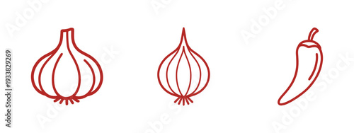 Garlic, onion and chili pepper line art with black outline on white background.